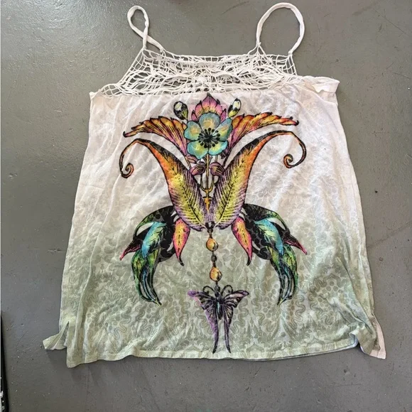 Boho Crochet-Trim Floral Spaghetti Strap Tank Top - White with Multicolor Print - Picture 4 of 4